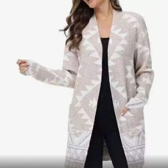 Frye Gray and Cream Cardigan Sweater with Open Front and Long Length - Picture 10 of 11